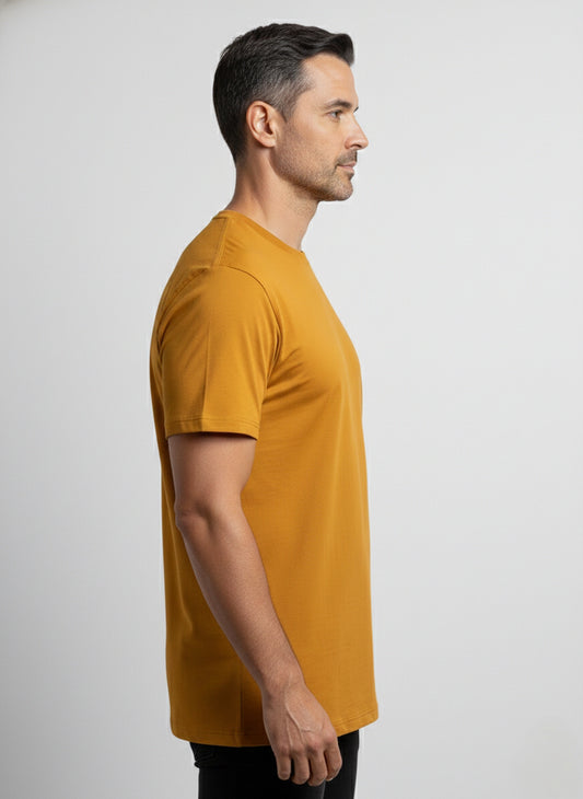 Camiseta Suedine Pima Gola Careca Mostarda