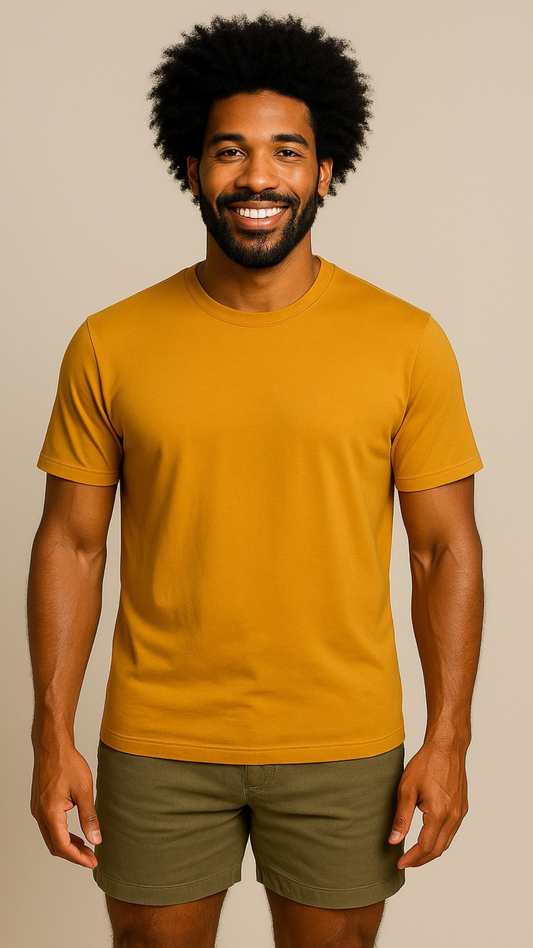 Camiseta Suedine Pima Gola Careca Mostarda